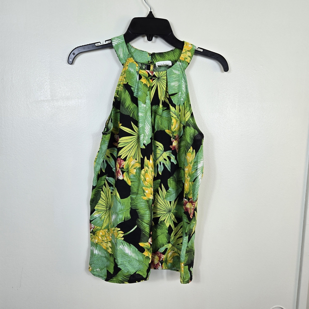 Nicole Miller Womens Green Tropical Leaf Print Linen Round Neck Halter Blouse XS